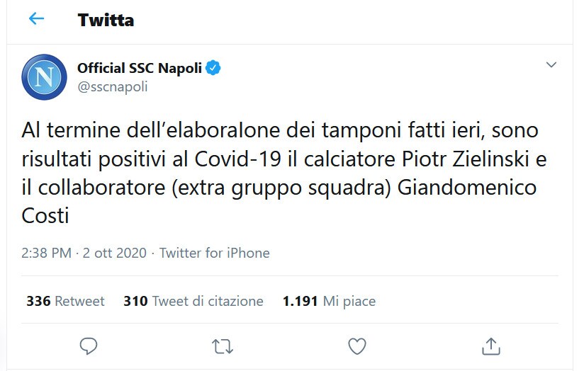 Napoli, due positivi al Coronavirus