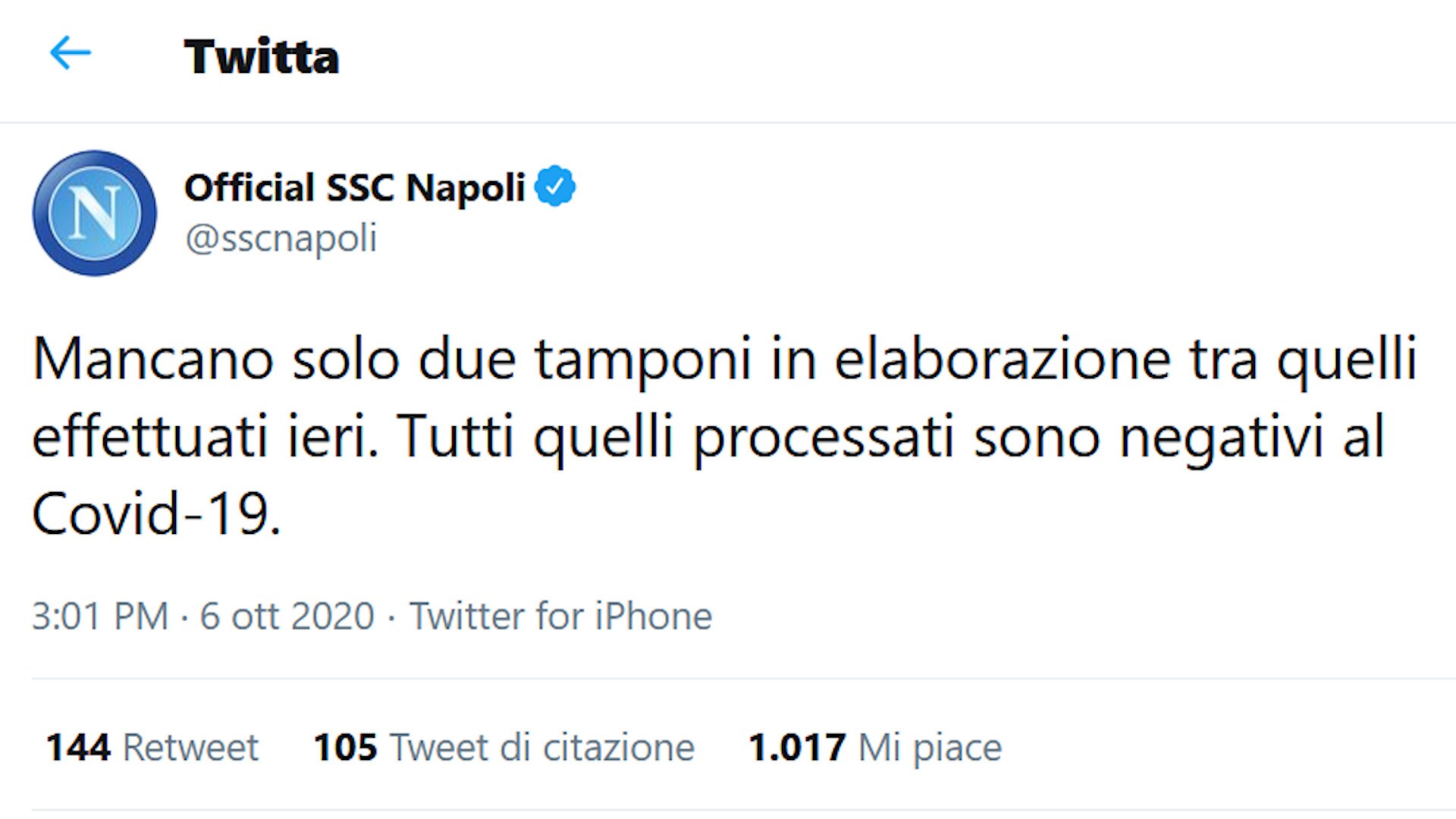 Napoli, negativi i nuovi tamponi. Attesa per due