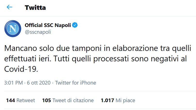 Napoli, negativi i nuovi tamponi. Attesa per due