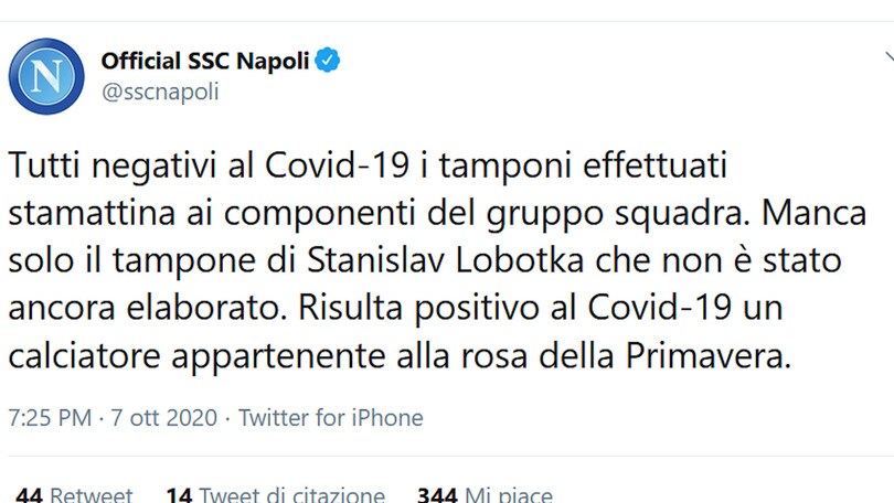 Napoli, tamponi tutti negativi al Covid-19