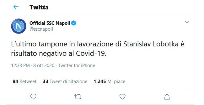 Napoli, Lobotka è negativo al coronavirus