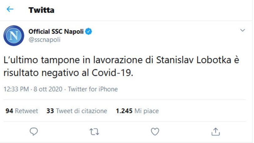 Napoli, Lobotka è negativo al coronavirus