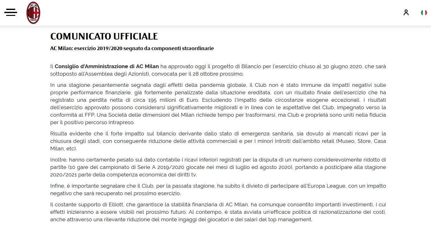 Milan, il bilancio si chiude con perdite record