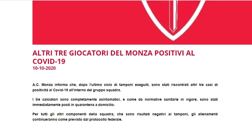 Monza, altri tre giocatori positivi al Covid