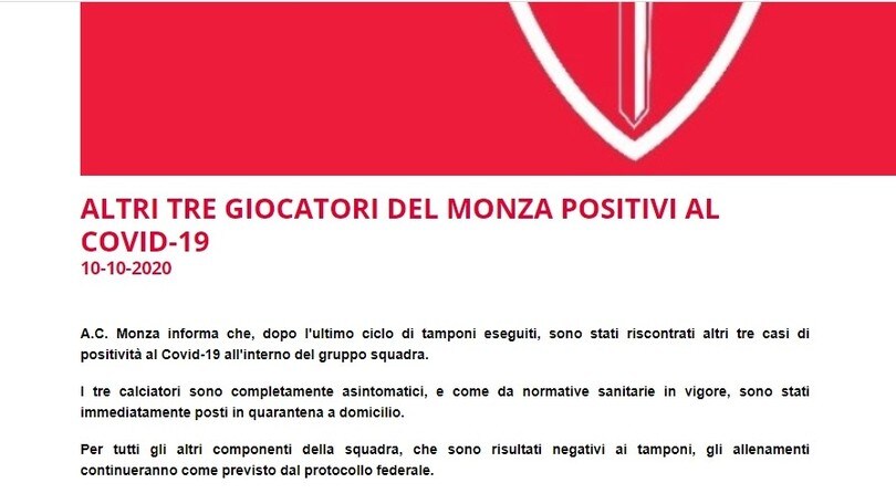 Monza, altri tre giocatori positivi al Covid