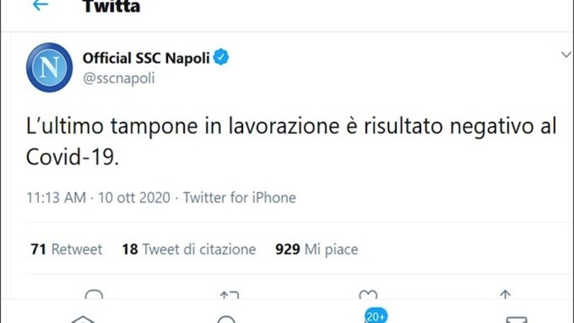 Covid-19, il Napoli annuncia: "Anche l'ultimo tampone è negativo"