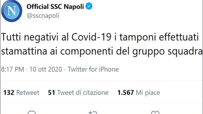 Napoli, negativi i tamponi al Coronavirus