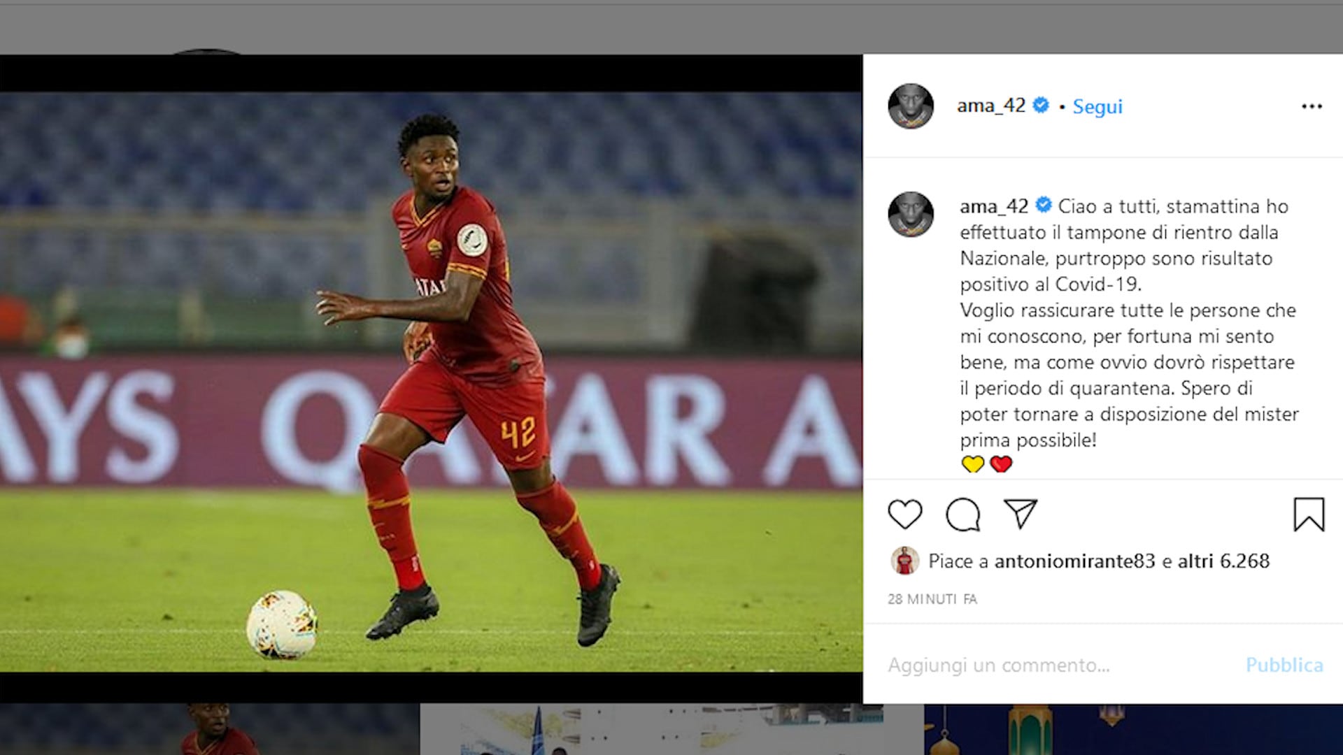 Covid-19, Diawara della Roma è positivo