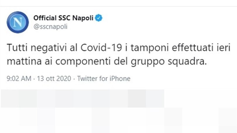 Napoli, covid: ancora tutti negativi i tamponi alla squadra