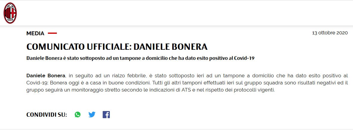 Milan, Bonera positivo al Covid-19