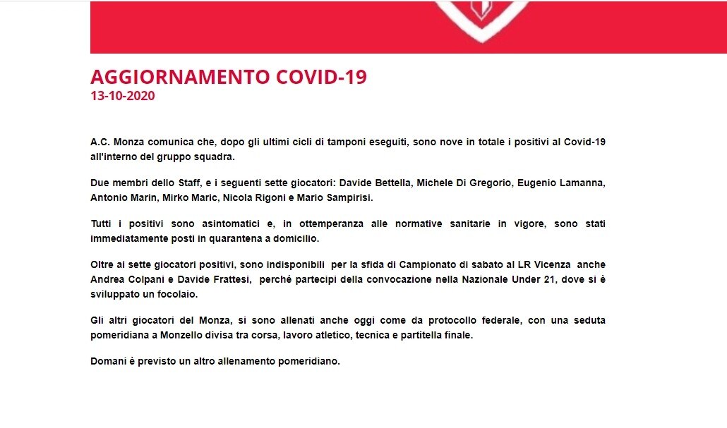 Monza, nove tesserati positivi al coronavirus: la nota ufficiale
