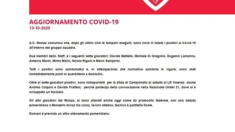 Monza, nove tesserati positivi al coronavirus: la nota ufficiale