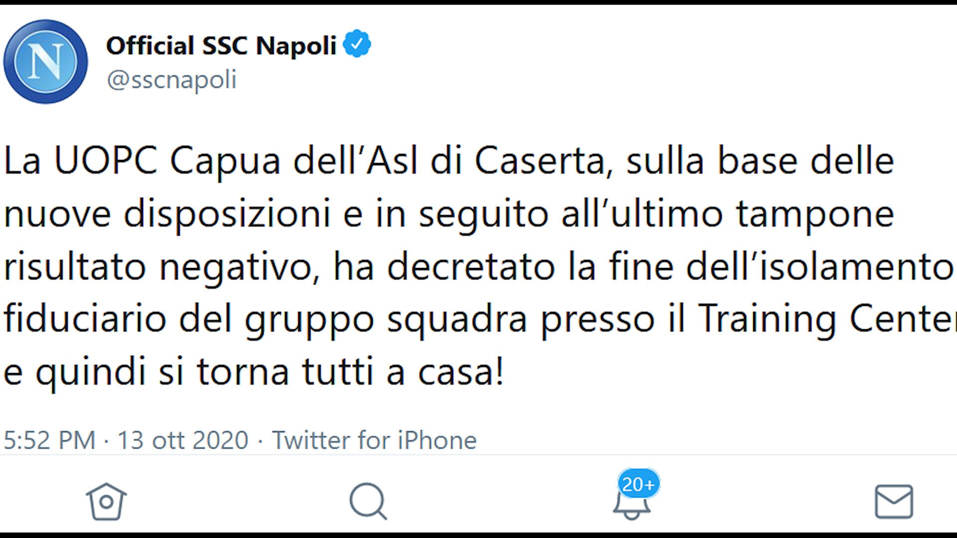Napoli, stop all'isolamento per la squadra