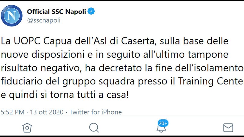 Napoli, stop all'isolamento per la squadra