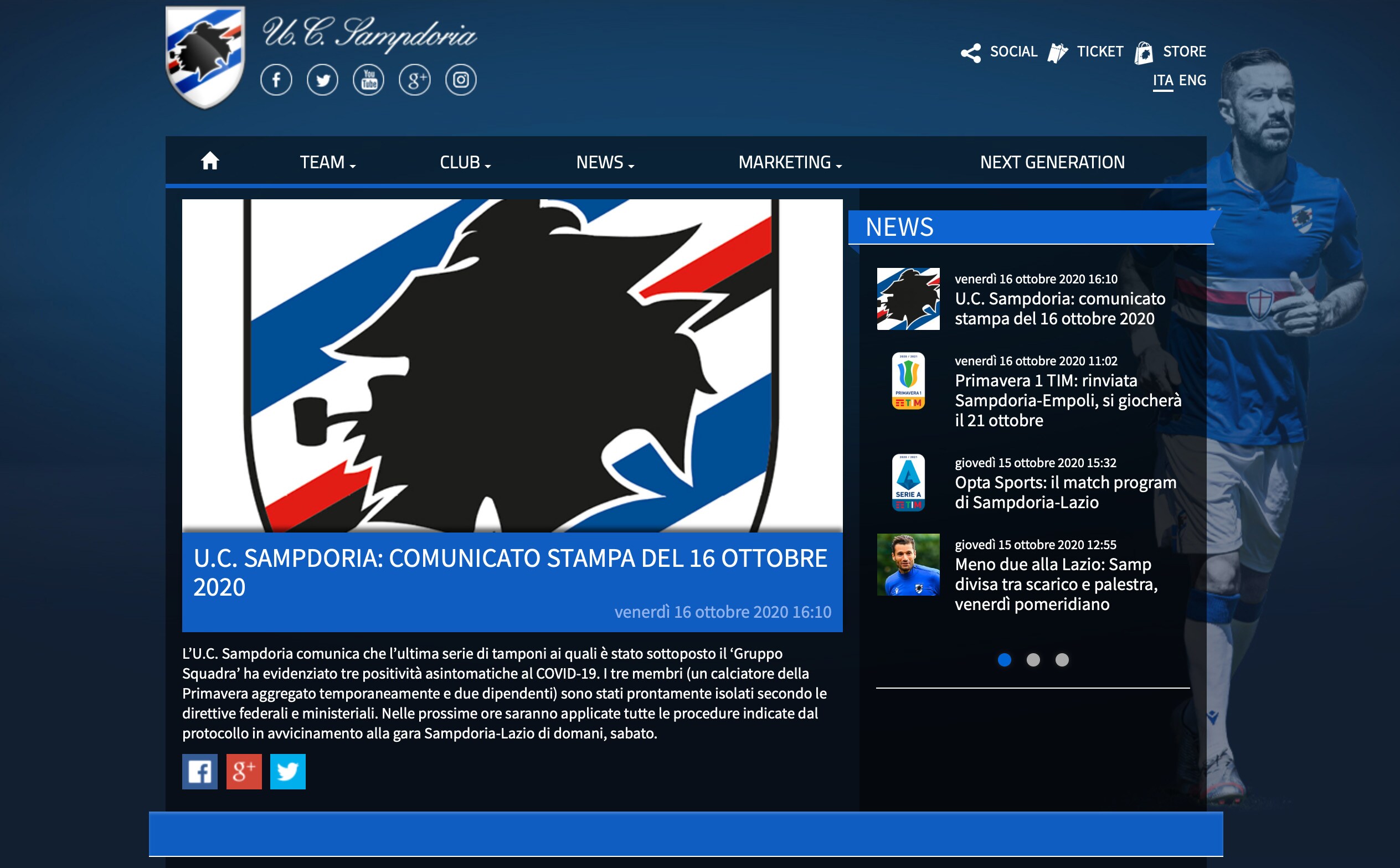 Sampdoria, 3 nuovi positivi al Covid