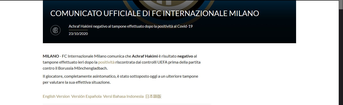 Inter, il tampone di Hakimi è negativo
