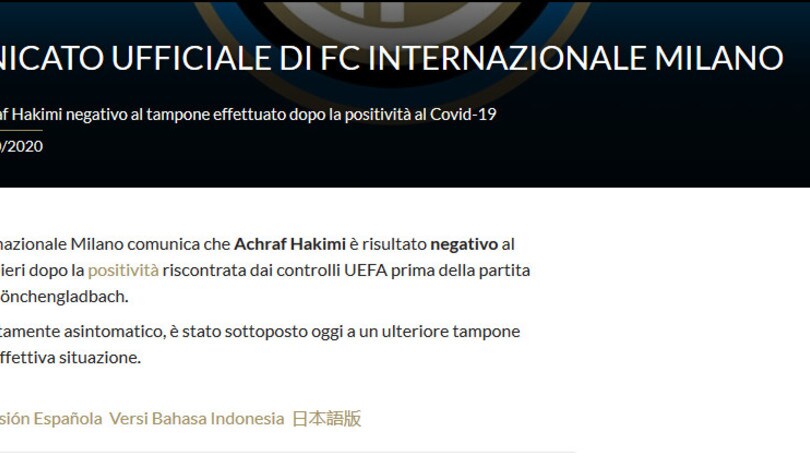 Inter, il tampone di Hakimi è negativo