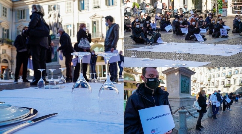 Coprifuoco a Torino, protesta dei ristoratori con piatti e bicchieri per terra