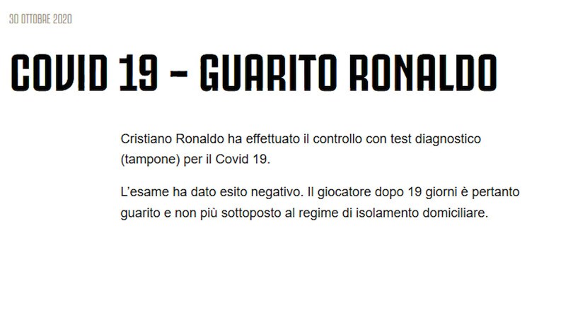 L'annuncio della Juve: "CR7 guarito dal Covid-19"
