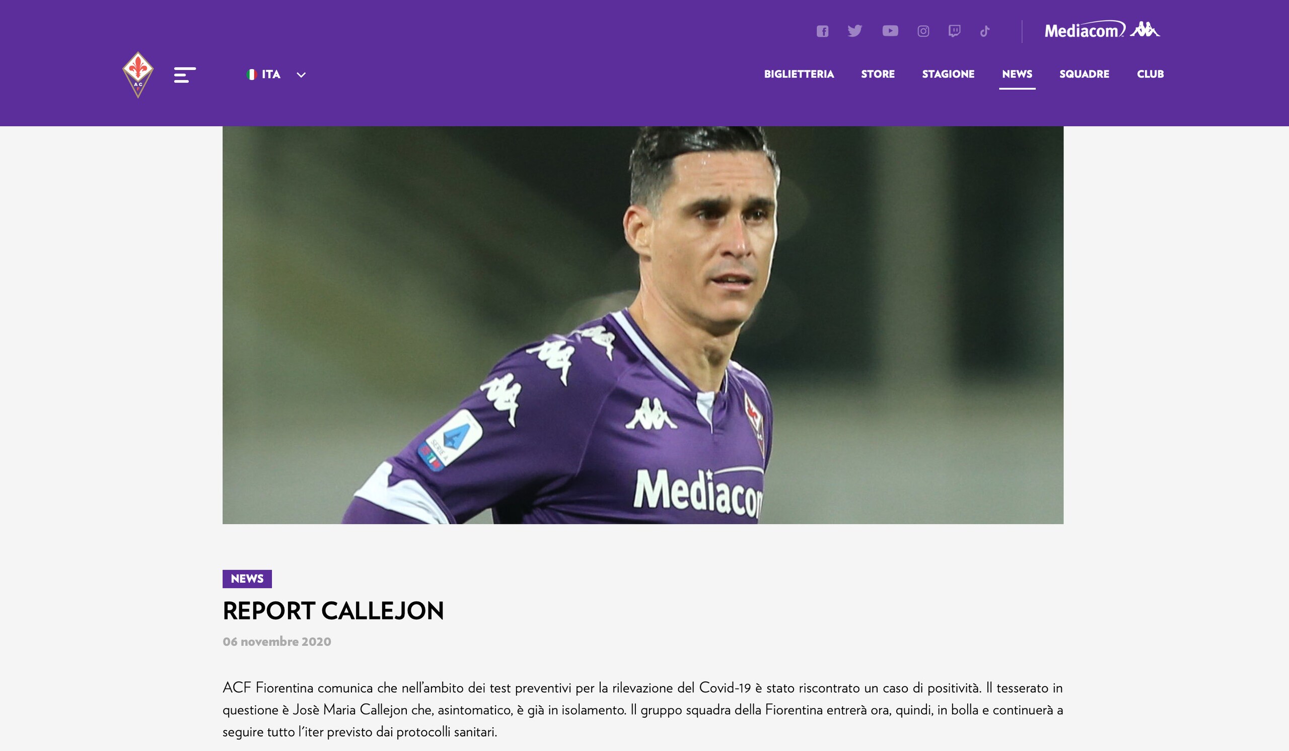 Fiorentina, Callejon ha il coronavirus