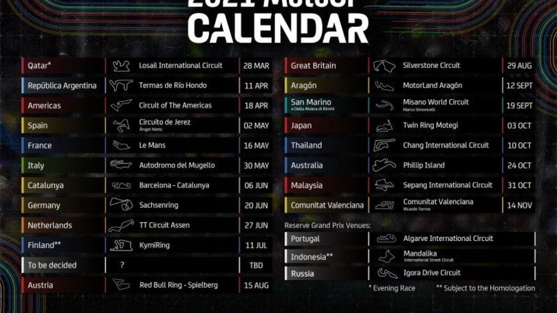 MotoGp, divulgata la bozza del calendario 2021