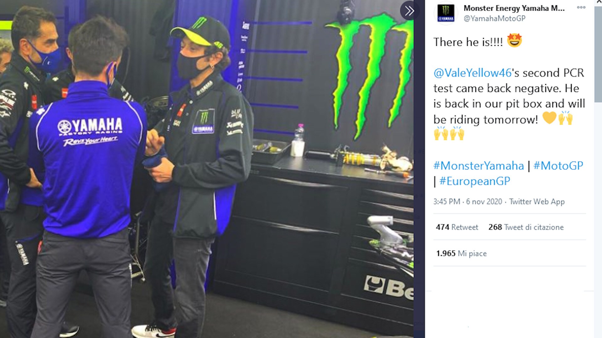 Moto Gp, Rossi è negativo al Covid: ci sarà a Valencia