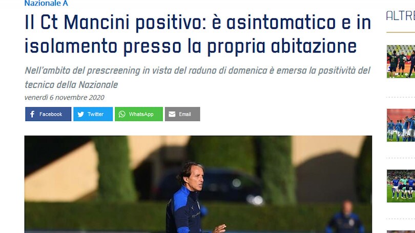 Italia, Mancini positivo al Covid-19