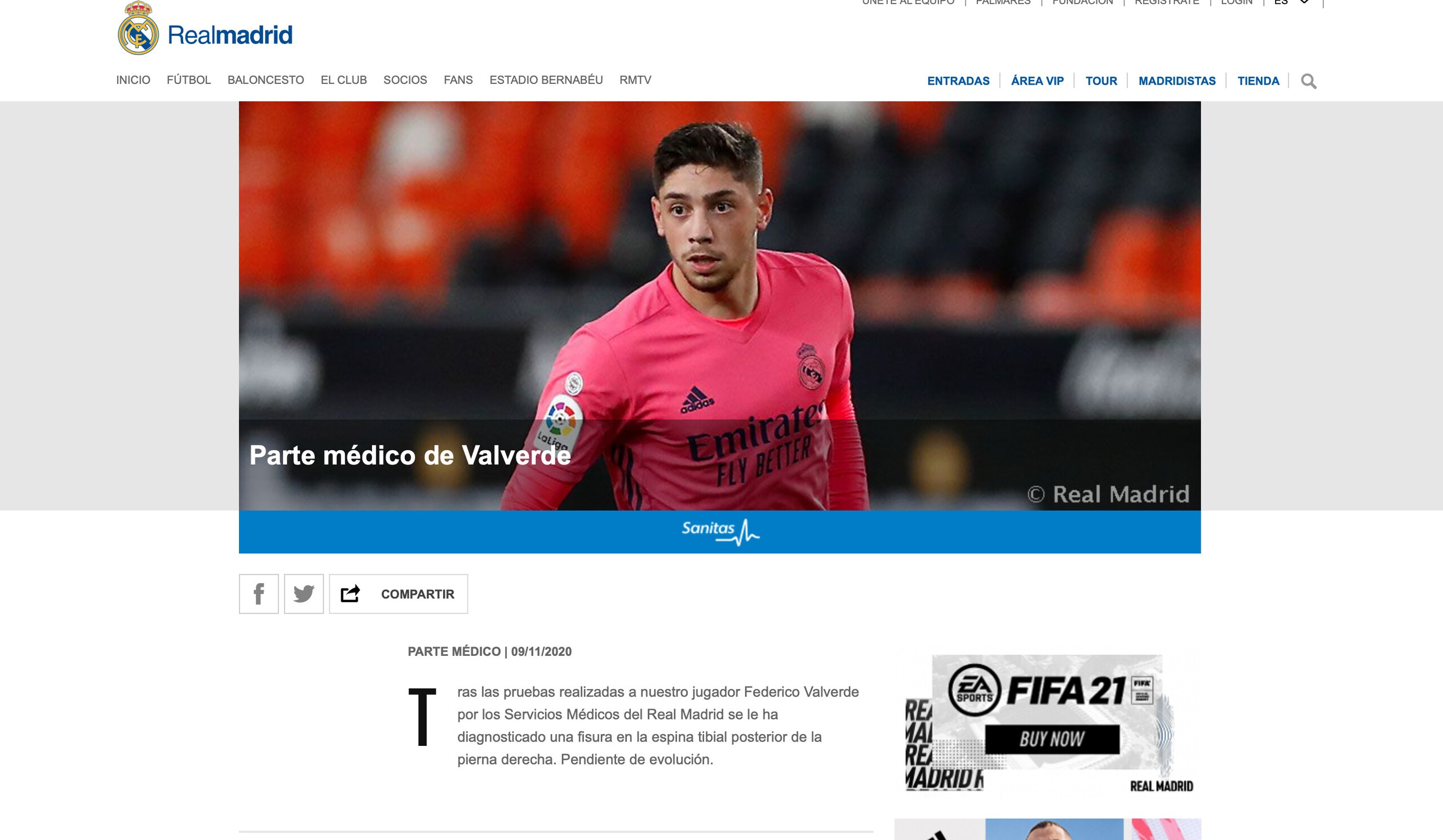 Real Madrid: Valverde infortunato, salta lo scontro con l'Inter