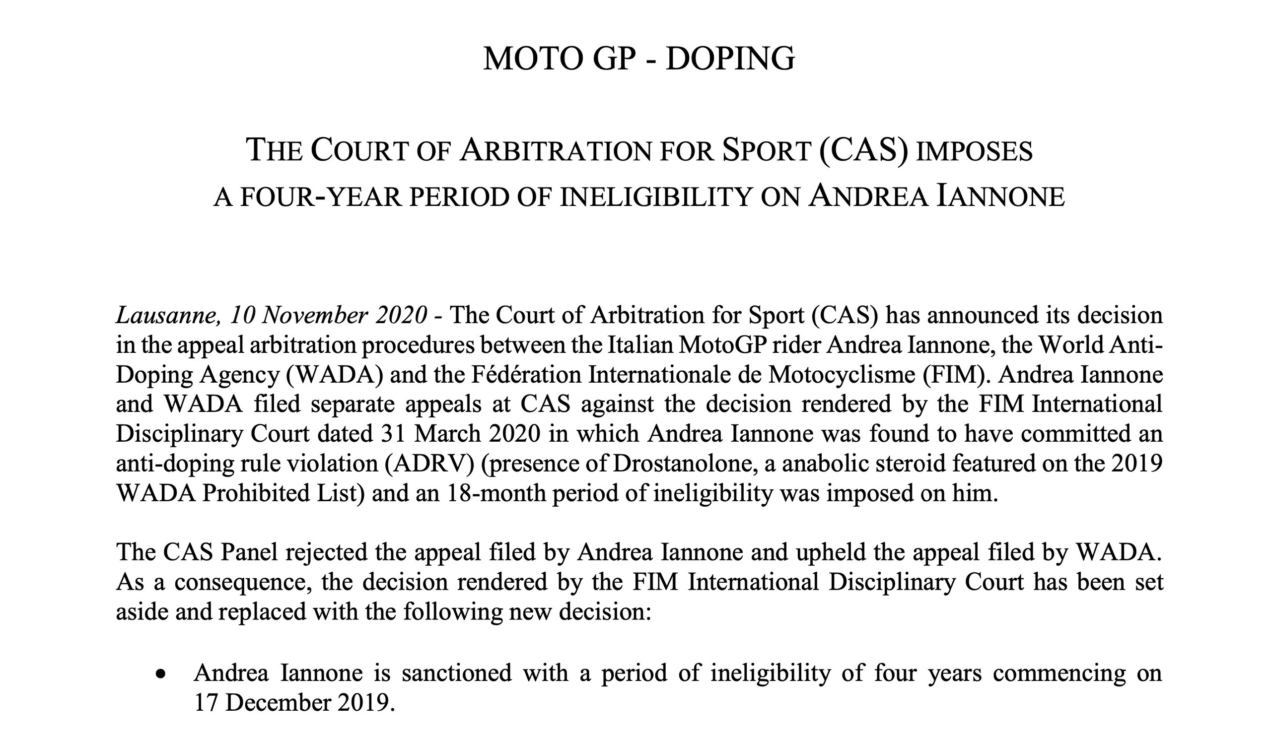 MotoGp, per Iannone squalifica di 4 anni per doping