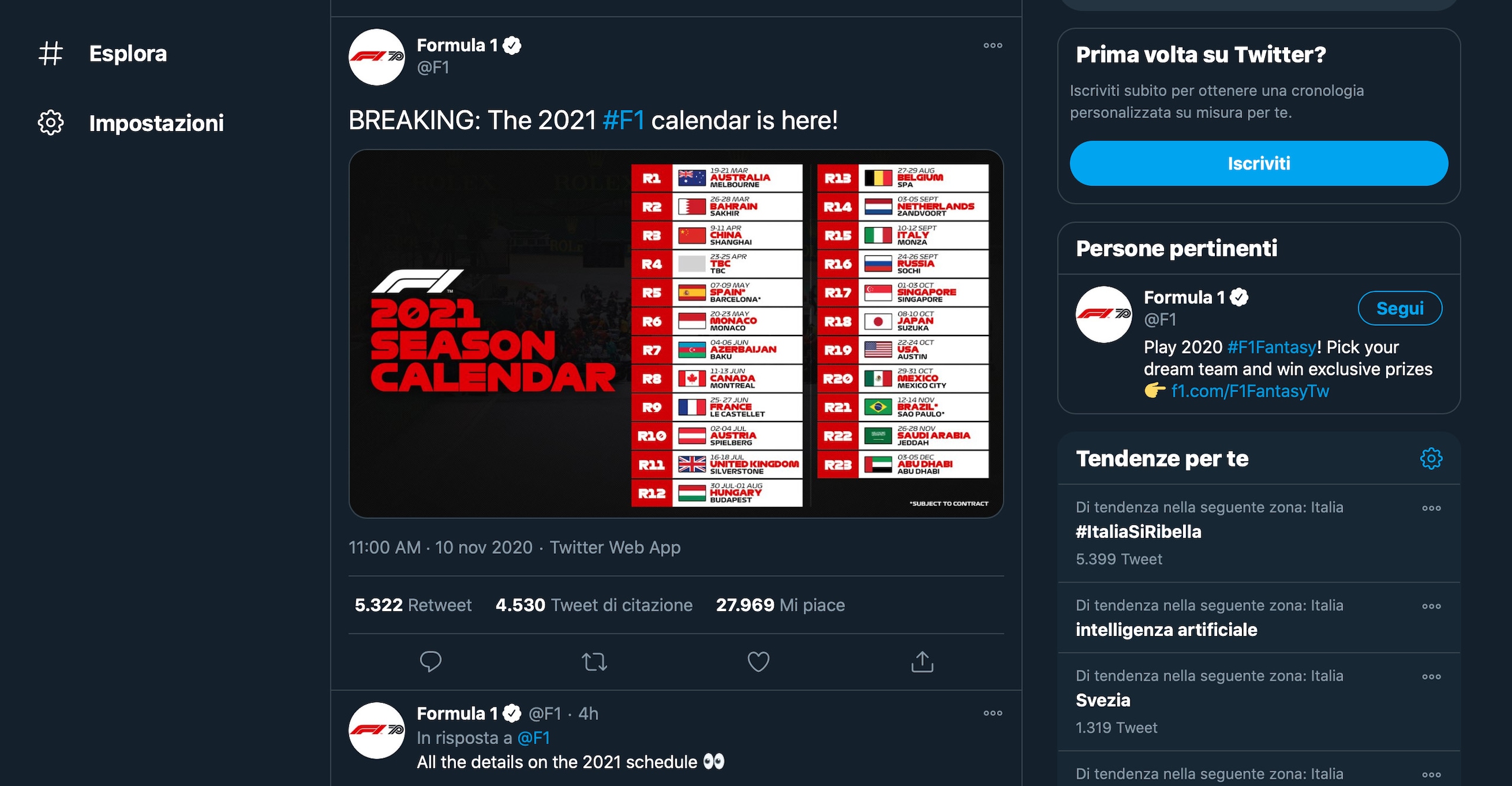 F1, comunicato il calendario provvisorio per il 2021
