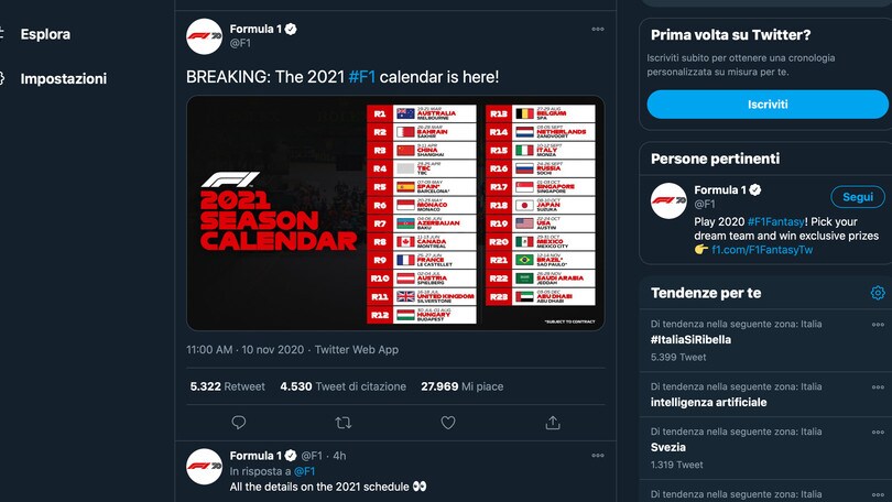 F1, comunicato il calendario provvisorio per il 2021
