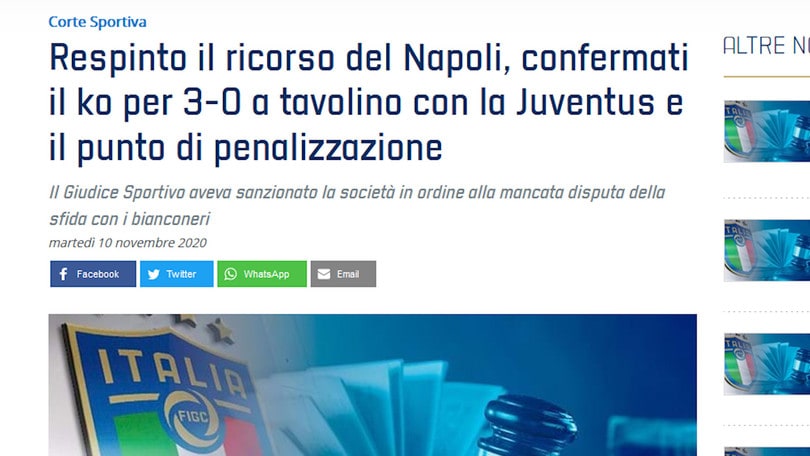 Juve-Napoli, la sentenza: confermato in appello il 3-0 a tavolino