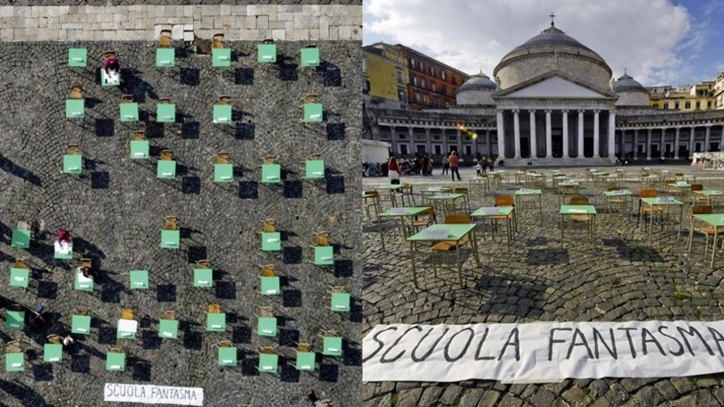La singolare protesta a Napoli: i banchi formano la scritta "No dad"