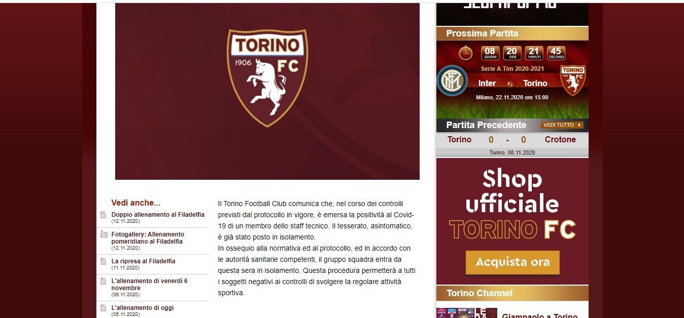 Torino, un positivo al covid nello staff tecnico