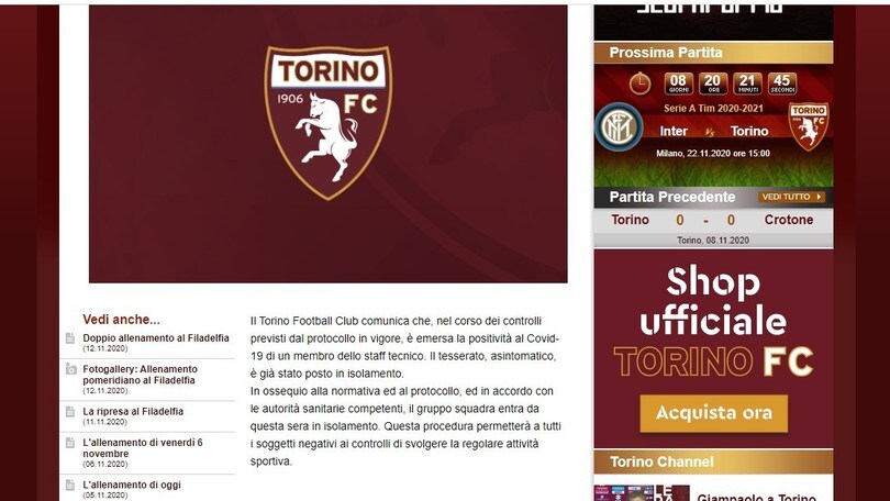 Torino, un positivo al covid nello staff tecnico