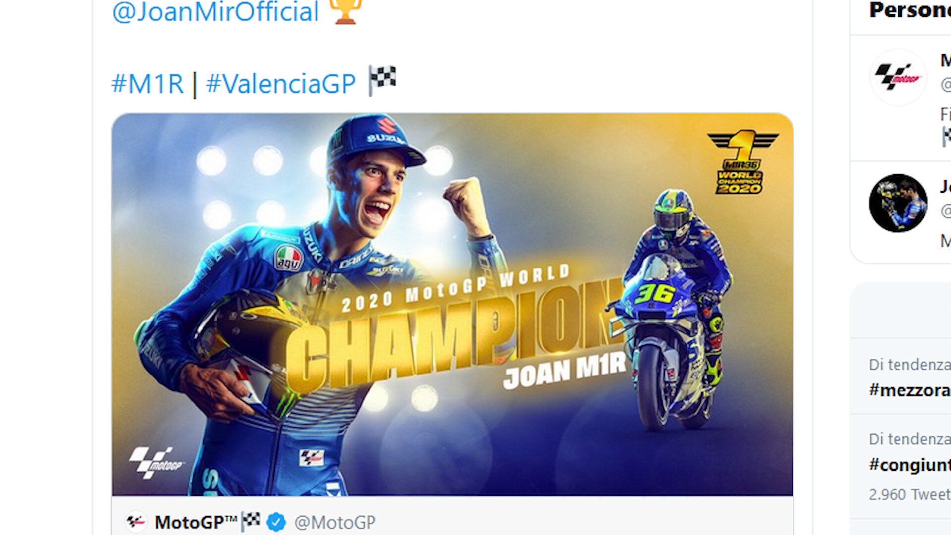 Moto GP, Joan Mir Campione del Mondo. In Spagna vince Morbidelli