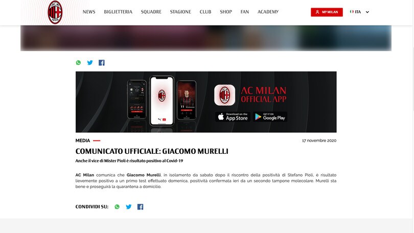 Milan, anche Murelli è risultato positivo: salta il Napoli