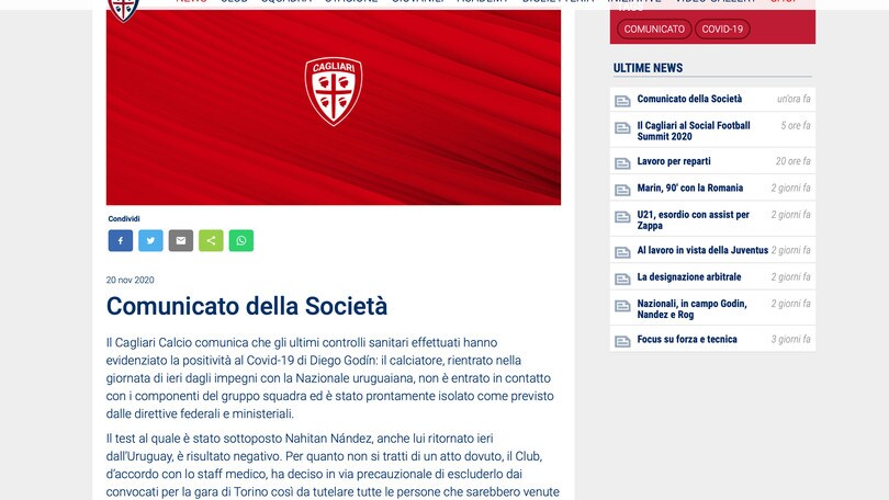 Cagliari, Godin ha il Covid: salta la Juve