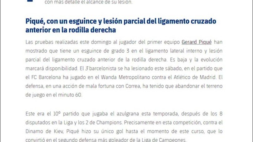 Barca, stop per Piquè: lesione al crociato, torna nel 2021