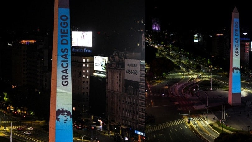 Maradona, l'Obelisco di Buenos Aires si illumina per l'ultimo saluto
