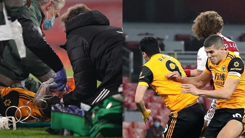 Raul Jimenez esce dal campo in barella: dopo lo scontro con David Luiz perde i sensi