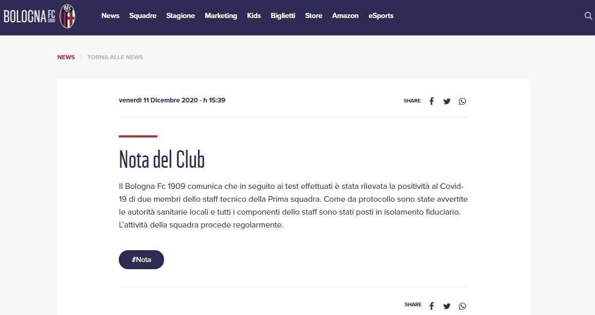 Covid, due positività nel gruppo squadra del Bologna