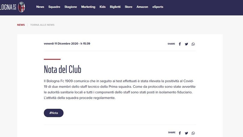 Covid, due positività nel gruppo squadra del Bologna