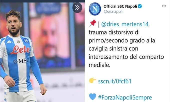 Ahi Napoli, Mertens out fino alla fine del 2020