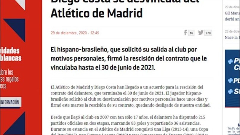 Mercato, Diego Costa divorzia dall'Atletico Madrid