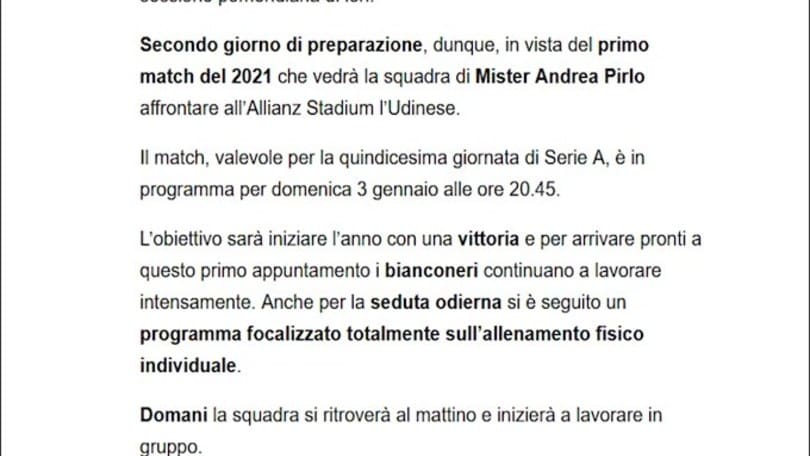 Verso Juve-Udinese, secondo giorno di lavoro per i campioni d'Italia