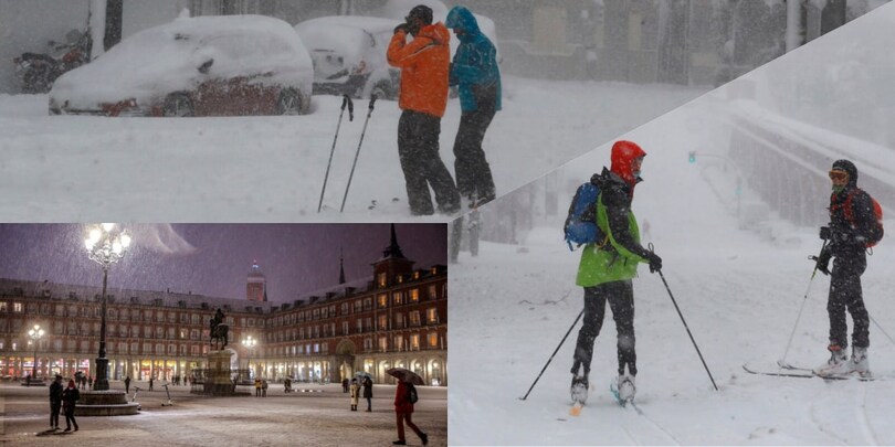 Tempesta di neve in Spagna: a Madrid si scia in città