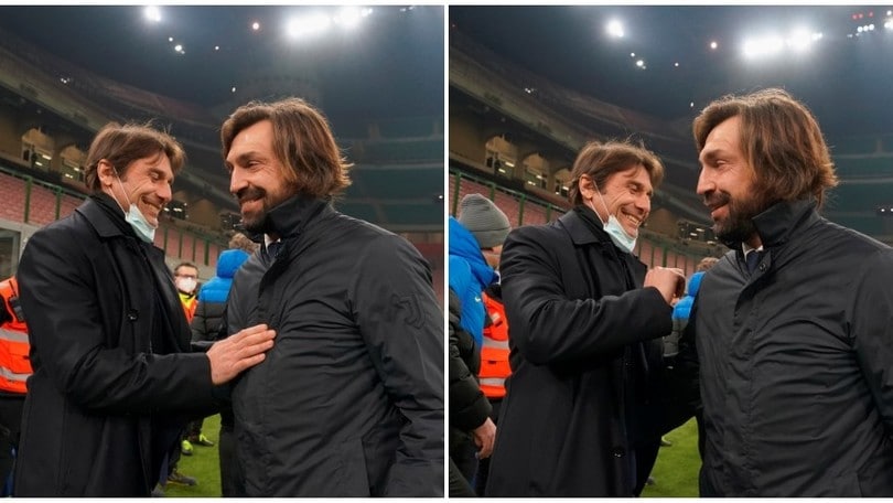 Abbraccio e sorrisi tra Conte e Pirlo, ex della Juve avversari a San Siro