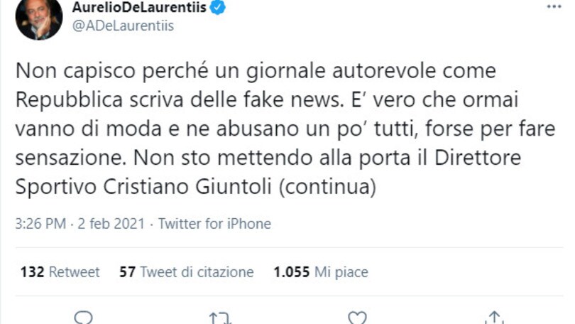 Napoli, De Laurentiis smentisce la notizia dell'addio di Giuntoli