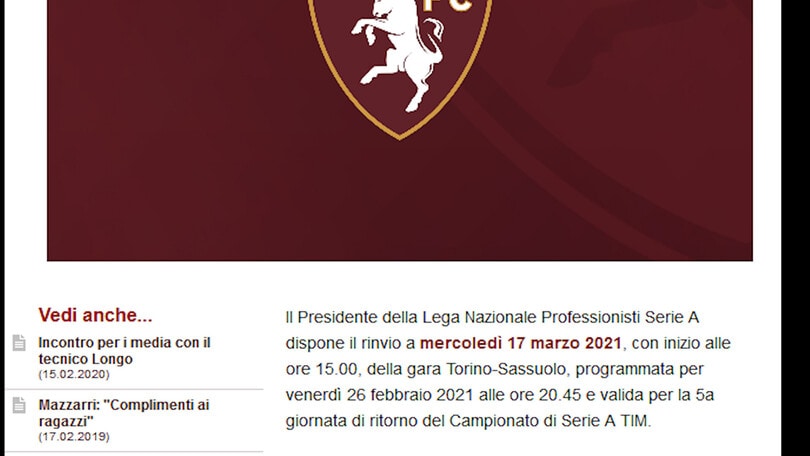 Serie A, ufficiale: Torino-Sassuolo rinviata per Covid